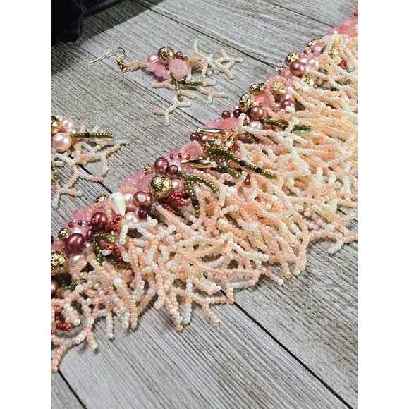 Crafted Gemstone Coral inspired Beaded Waterfall Pink Cream Necklace Earring Set - Picture 13 of 13